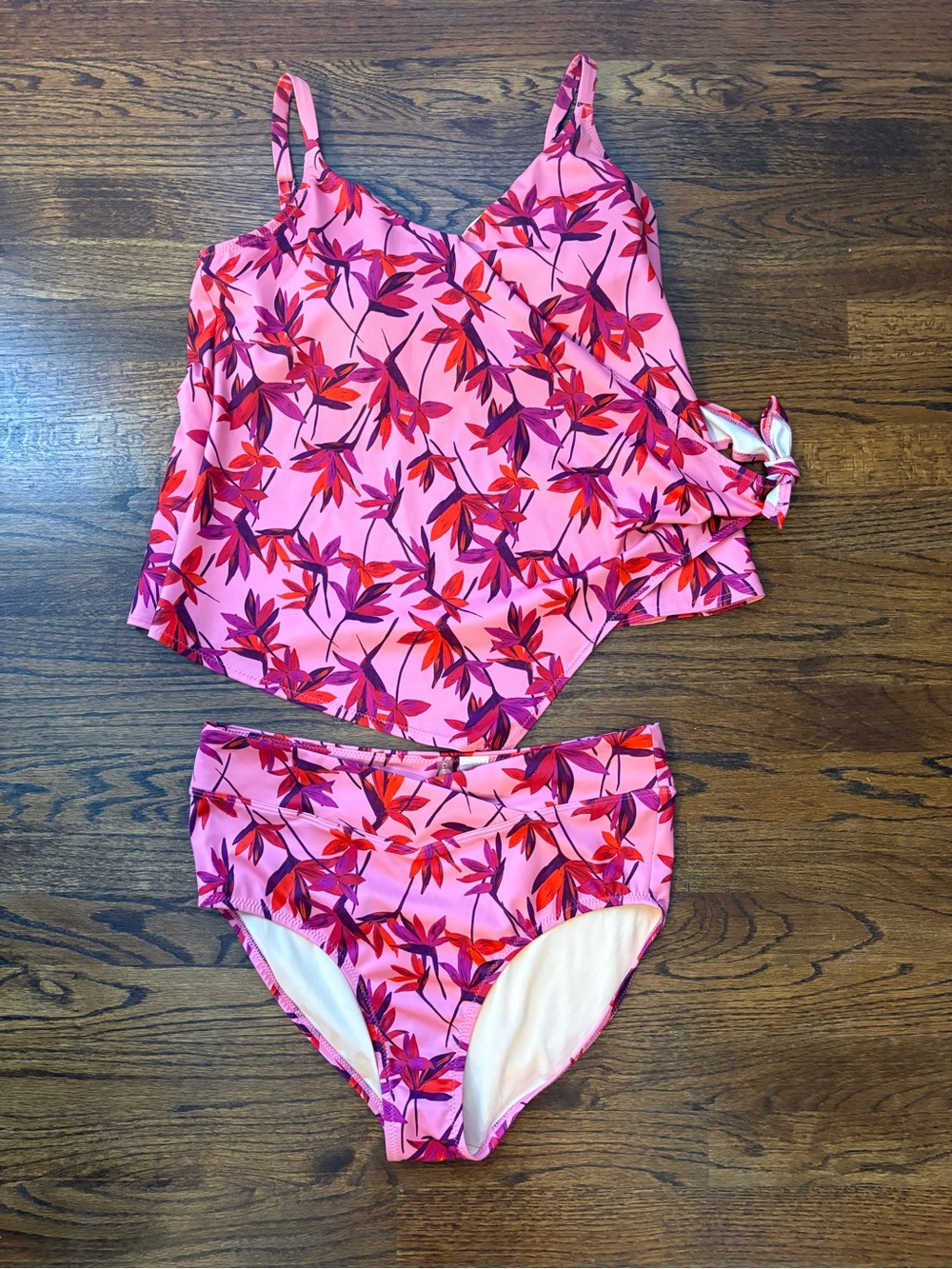 Garnet Hill women's tankini swim suit 2 piece wrap top pink and red